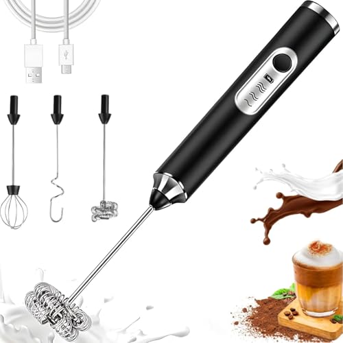 Bacxzomx Espumador de Leche Batidora de Leche Espuma USB Recargable Batidora de Leche 3 Velocidades, con 3 Cabezales de Acero Inoxidable para Huevos, Café, Lattes, Capuchino