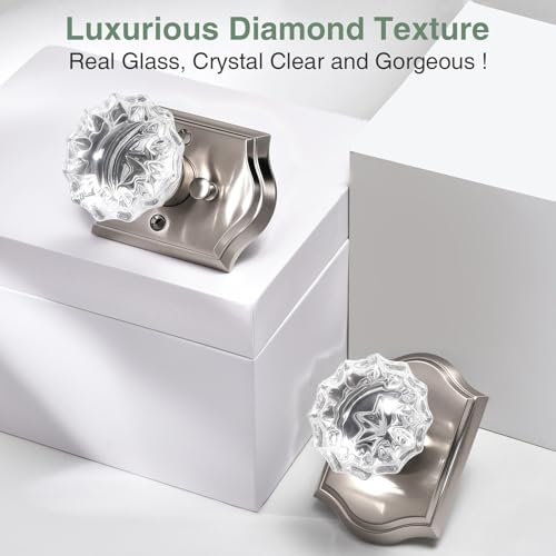 Crystal Door Knobs, Stain Nickel Glass Door Knobs Interior Rose Shape with Lock Privacy Function, Vintage Antique for Bedroom Bathroom
