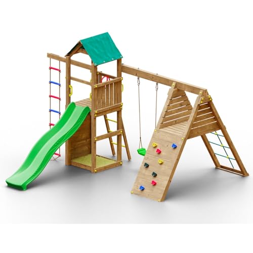 Woody Gym TGG Play Parque de juegos de madera con torreta, columpio, tobogán, arenero, escalada