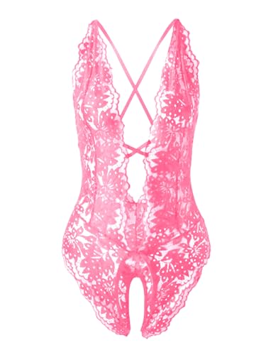 SOLY HUX Women's One Piece Lingerie Sexy Lace Babydoll Deep V Teddy Criss Cross Backless Teddy Mini Bodysuit Hot Pink