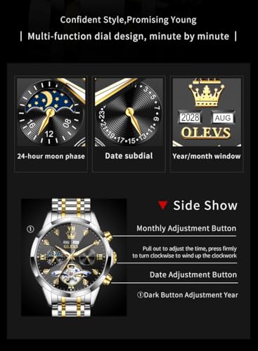 Image of OLEVS Automatic Men Watch Self Winding Mechanical Moon Phase Business Luxury Diamond Dress Stainless Steel Waterproof Luminous Mens Wrist Watch