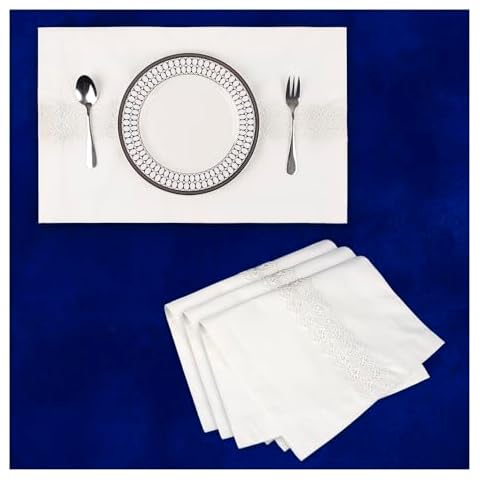 Elegant Placemats Set of 4 Embellished with Beautiful Lace 18x12 Inch White Table Mats Washable 100% Cotton Place Mats for Wedding and Family Banquet Cover