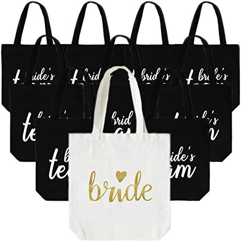 LADY & HOME 10pcs Bachelorette Party Tote Bag,Bride Team Tote Bag, Bridemaids Cotton Tote Bag for Wedding Gifts(Black-Team))