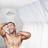 SPACE EXPANDY No Billow Shower Curtain. Enjoy More Elbow Room. Curved Curtain Rod Alternative. Easy On/Off Liner + Hoops + Splash Guards Included. Fully Assembled. Easy Install.