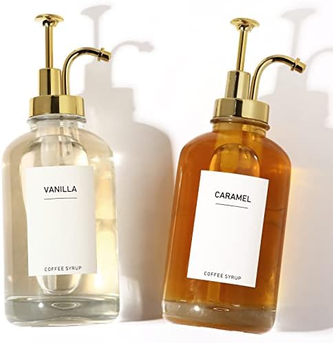 2 Pack 16.9OZ Coffee Syrup Dispenser for Coffee Bar with Labels and Gold Pump, 500ML Syrup Bottles for Coffee Bar Home Bar, BPA Free & Durable Transparent Glass Coffee Syrup Dispenser Bottles