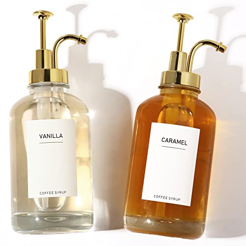 2 Pack 16.9Oz Coffee Syrup Dispenser For Coffee Bar With Labels And Gold Pump, 500Ml Syrup Bottles For Coffee Bar Home Bar, Bpa Free & Durable Transparent Glass Coffee Syrup Dispenser Bottles #TOP1