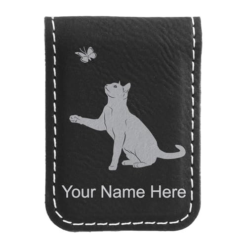 LaserGram Slim Magnetic Money Clip, Cat with Butterfly, Personalized Engraving Included (Black with Silver)