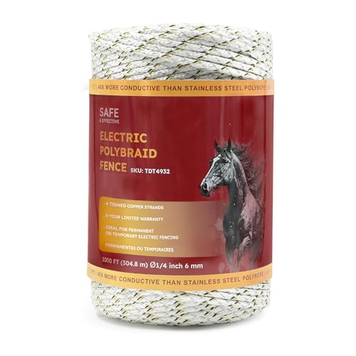 Golden Cock Electric Fence Wire 1000 ft 1/4 inch (6 mm) Thick & Highly Conductive Tinned Copper Strands Ideal for Temporary Pastures and Equine Containment Livestock Work with Insulator & Charger