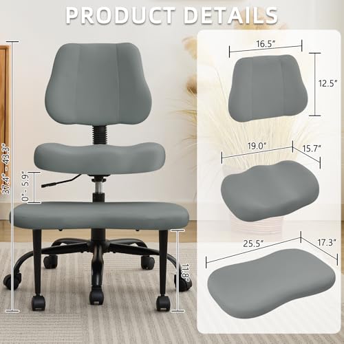 Image of Ergonomic Criss Cross Legged Office Chair, ADHD Chair, Wide Height Adjustable Seat 360 Swivel Footstool with Wheels, PU Leather Meditation Kneeling Chair, for The Restless Home Workers, Grey