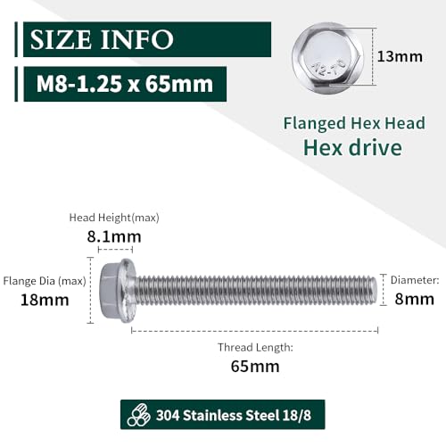 Image of M8-1.25 x 65mm Hex Flange Bolt (2.56 inch Thread Length), DIN6921, Serrated Locking Flange, 304 Stainless Steel, UNC Full Thread, 10-Pack