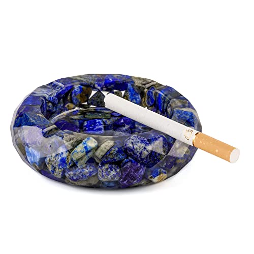 Warmhut Ashtray Holder Outdoor Indoor Resin Lapis Lazuli Cigarette Ash Tray Gemstone Stones Decoration Craft Gift For Men Women, Round #TOP6