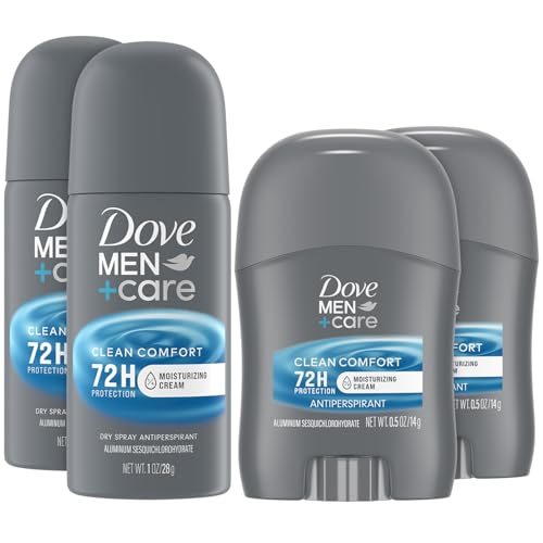 Dove Men + Care Clean Comfort Travel Antiperspirants Mens Antiperspirant Spray + Stick 72H Protection (4 Piece Set)
