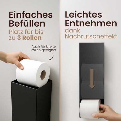 LAVIOX Toilettenpapierspender mit Pflanzenfach – schwarz matt, pulverbeschichtetes Metall – zur Aufbewahrung von 3 großen Klorollen, 15 x 15 x 50 cm (LxBxH)