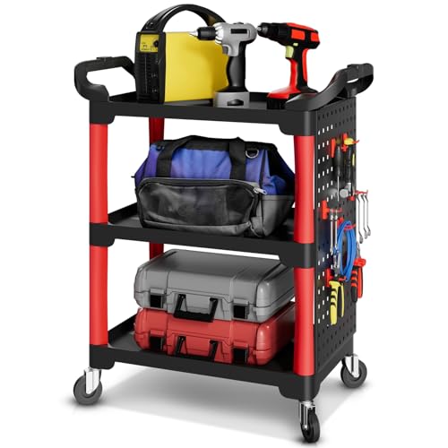 Auto Dynasty 3-Level Rolling Cart 120 kg/260 w/Pegboard, Garage, Black/Red