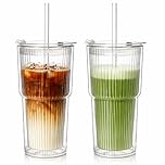 KEMORELA 2-Pack 600ml Ribbed Double Wall Glass Cups with Lids & Straws – Insulated Iced Coffee, Matcha, Smoothies & Bubble Tea Cups – Reusable Clear Glass Tumblers