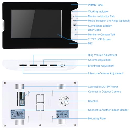 Image of Video Door Phone 7 Inch TFT LCD Monitor Video Doorbell Intercom with Night Vision Camera, Two-Way Audio, Aluminum Alloy Panel