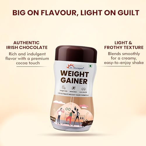 Image of Dr. Morepen Weight Gainer /Gain Weight, Post Workout, 74 G Carbohydrate, 14.5G Protein, Healthy Fats (Irish Chocolate, 500G)|Pack Of 2 - Powder