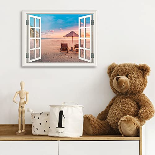 Yidepot Window View Beach Wall Art: Landscape Of Beach Sunset And Solar Umbrella 12"X16" - Coastal Canvas Wall Art For Living Room Bedroom #TOP2