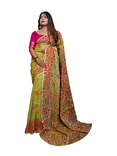 Sari Jamdani en coton indien vert de 5.5 mètres pour femme