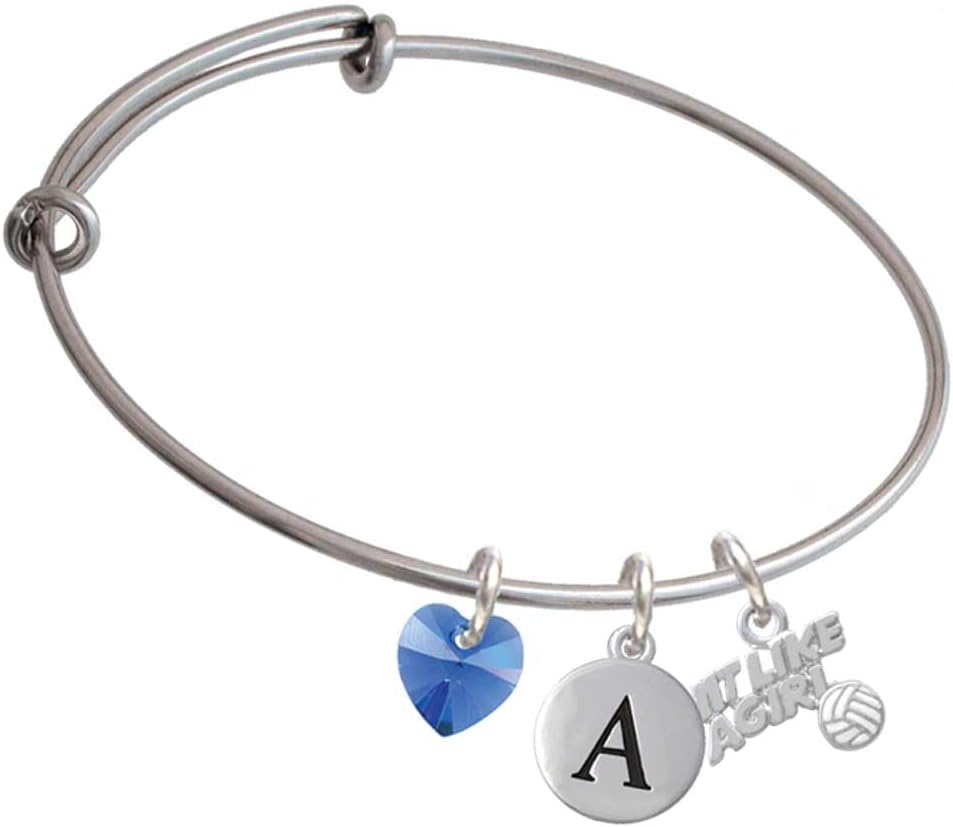 Delight Jewelry Silvertone Hit Like a Girl with Enamel Volleyball - Crystal Heart and Pebble Initial Custom Charm Bangle Bracelet