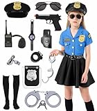 9 Pcs Halloween Police Officer Costume Kids Girls Cop Policeman Cosplay Uniform Outfits with Gear Stuff Accessories Handcuffs Badge Whistle Watch Talkie Glasses DY013L