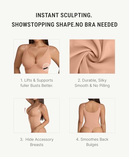 Image of FeelinGirl Shapewear Bodysuits for Women Tummy Control Body Suits Deep V Neck Thong Body Shaper