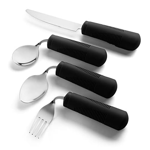 Special Supplies Adaptive Utensils (4-Piece Kitchen Set) Weighted, Non-Slip Handles for Hand Tremors, Arthritis, Parkinson’s Elderly use - Stainless Steel Knife, Fork, Spoons (Black Weighted Bendable)