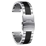 [BINLUN] 時計バンド ステンレス メタルバンド 交換用金属腕時計ベルトウオッチストラップ 磨かれた 高光沢 メタル腕時計ベルト メンズ 男性向展開バックル 22mm 銀と黒