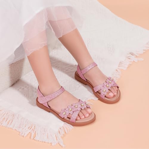 PANDANINJIA Mary Girls Sandals Open Toe Cute Flower Pearl Flats Dress Sandals Cross Strappy Summer Shoes Toddler/Little Kid/Big Kid (Pink Glitter, 3 M US Little Kid) by PANDANINJIA - Used condition - Image 3