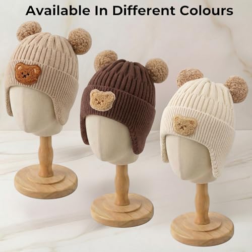 Image of Kraptick Children's Pompom Winter Warm Caps for Toddlers & Kids, Soft Knitted Beanie with Warm Earflaps, Cute Teddy Bear Design, Unisex Baby Woolen Hat-2