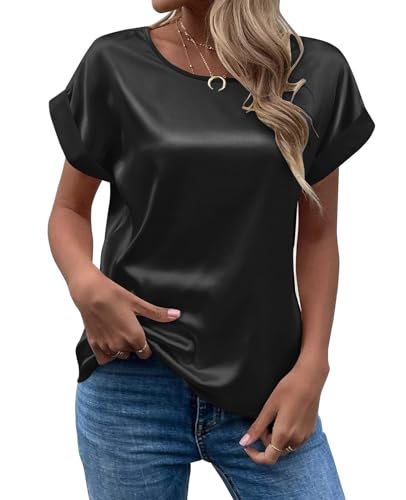 MINTLIMIT Womens Short Sleeve Satin Silk Blouse Rolled Sleeve Round Neck Summer Casual Office Work Shirt 2025, Black