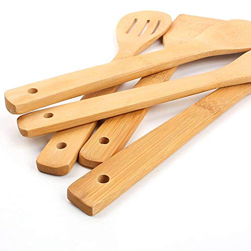 Miniatura 7 de Hollylife Utensilios De Cocina 5 Piezas Moderna, Sólidas Espátula Cuchara De Bambú Puro Madera Natural, Sin Barnizada