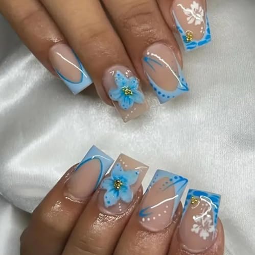 24Pcs Blue Flower Press on Nails Short Square Fake Nails Hibiscus...