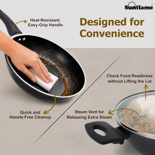 Image of Sunflame 3 Pcs Ceramic Non-Stick Cookware Combo | Kadhai 24 cm, Fry Pan 24 cm, Glass Lid | No PFOA, PFAS, PTFE | Induction and Gas Stove Compatible | 2 Year Warranty by Sunflame