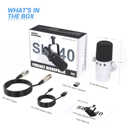 Image of FDUCE SL40 Dynamic Microphone for Podcasting, Gaming, Live Streaming & Recording, Built-in Headphone Output, LED Mute Button, All Metal USB /XLR, Voice-Isolating Technology (White)