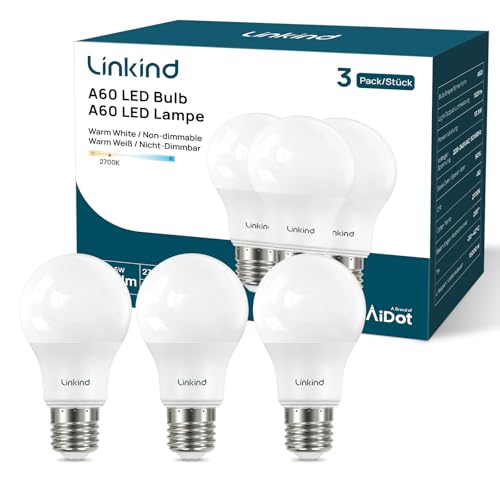 Linkind E27 Screw Bulbs 8W, Warm White 2700K E27 LED Bulb, 60W Equivalent 806LM, Large Screw in LED Light Bulb, Energy Saving ES GLS Bulbs for Lamps, Non-Dimmable, Pack of 3