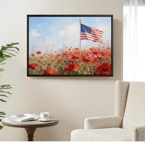 Image of American Flag Framed Canvas Wall Art, 4th of July Floral Canvas Prints, Wildflower Landscape Patriotic Decorations, Vintage Rustic Independence Day Wall Decor for Bedroom Living Room Office 12x16