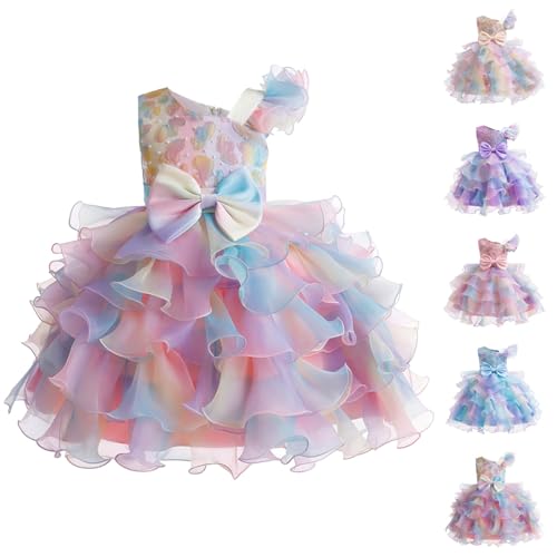 Moonker Girls One Shoulder Sleeveless Colorful Bow Cake Gown Dresses Birthday Dresses Dresses for Girls Age 23