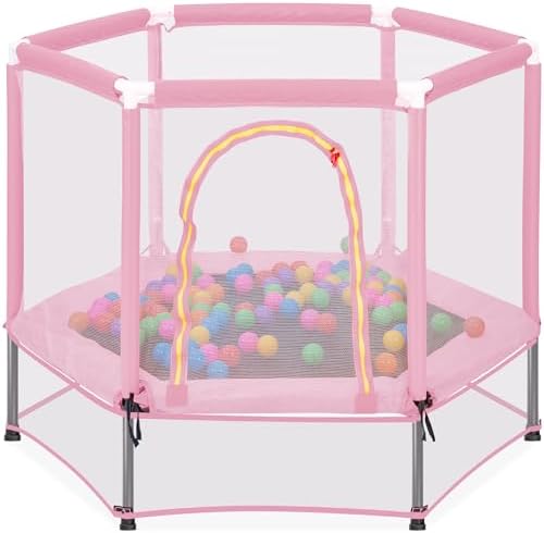 Merax 55″ Indoor/Outdoor Kids Jumper: Safety Enclosure Net, Ball Pit Included | 4.5FT Mini Trampoline for Toddlers & Babies 3+ Months