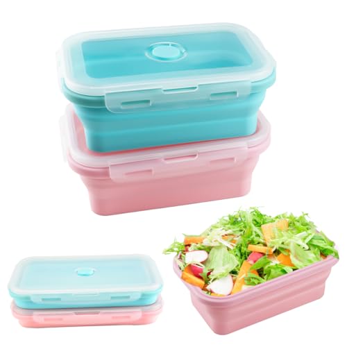 Cragmut 2 Pièces Boîtes à Déjeuner Pliables, 800ML Récipients Pliables en Silicone avec Couvercles Boîte à Lunch Pliable Anti-Fuite pour Bureau Camping...