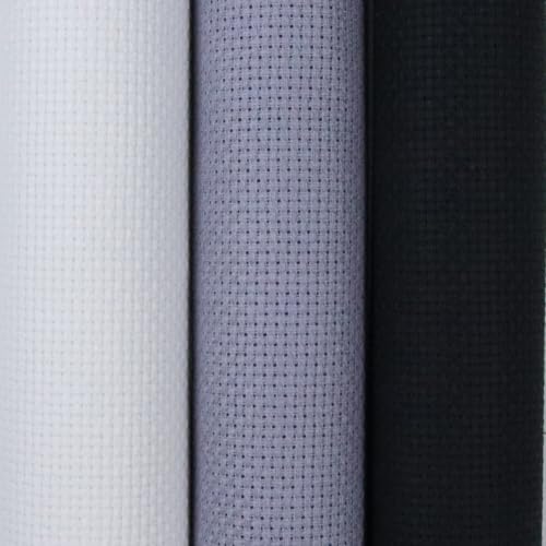 KCS 3 pc of 15" x 18"(38cmx45cm) 16 Count Cross Stitch Cotton Aida Cloth Needlework Rolled Fabric Box,16CT,White+Light Steel Grey+ Black