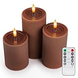 WYZworks Fluted Ribbed LED Pillar Candles, Brown, with Realistic Reflective Melted-Wax Effect β Flickering Flame, Remote, Dimmable, Flameless, Battery Operated, Home & Wedding Decor (Set of 3)