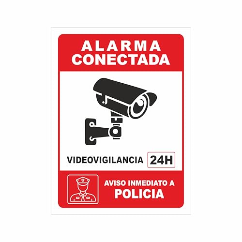 Cartel Videovigilancia Alarma Conectada - Placa Alarma - Aviso a la Policía - Medidas 20x15 cm – Aluminio Rígido 3mm - Tintas y Material Resistentes - Para Interior como Exterior - Zona Videovigilada