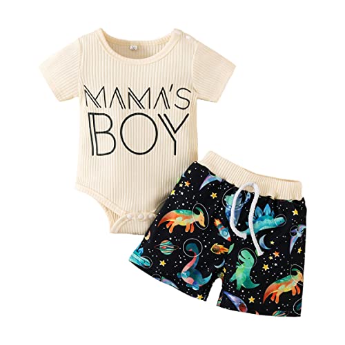 Image of Honykids Newborn Infant Baby Boy Clothes Mamas Boy Ribbed Knitted Cotton Romper Dinosour Short Summer Outfits Set