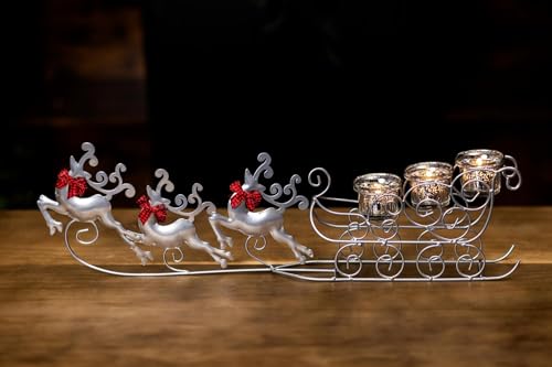 Portavelas de Navidad con diseño de reno para decoración de mesa: 3 portavelas de Navidad con ciervo y trineo, centro de mesa de Navidad para comedor, lazos rojos, ciervos
