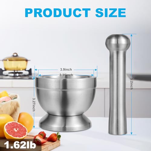 Pwkauka 18/8 (304) Stainless Steel Mortar and Pestle Set,Mortar and Pestle with Non-Slip Base for Spice Grinder, Herb Crusher, Pill Crusher, Pesto Maker for Kitchen, Easy to Clean