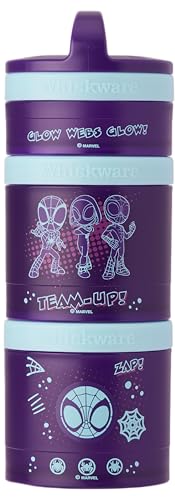 Image of Whiskware Spider-Man Team Spidey Stackable Snack Containers for Babies, Kids, and Toddlers, 3 Stackable Snack Cups for School or Travel, Cupholder Friendly, Glow Webs Glow!