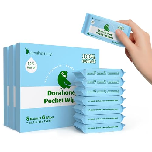 Dorahoney Mini Flushable Wet Wipes, Travel Size, 99% Water, Unscented & Hypoallergenic for Adults, Kids and Baby Care with Sensitive Skin - Pocket-Sized Travel Essentials, 24 Pack (144 Wipes Total)
