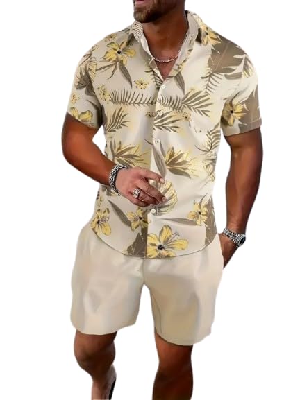Men's Floral Hawaiian, Beige with Yellow Flowers and Palm Leaves Print,Shirt Fabric (Unstitched)-picture-32