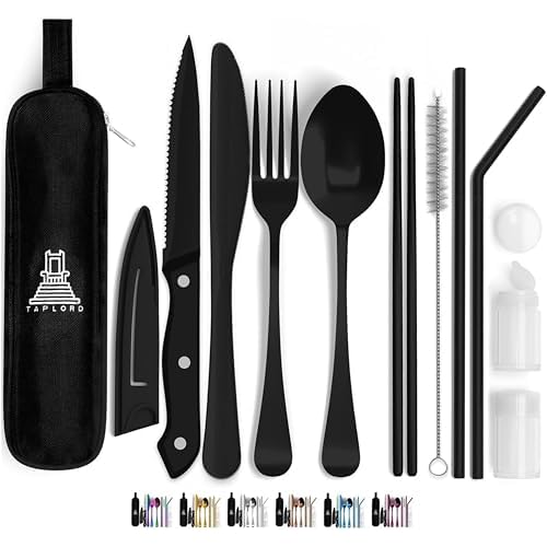 Portable Travel Silverware Set With Case, Includes 10 Pcs of Travel Utensils With Case, Stainless Steel Flatware Set For Camping, Lightweight (Black)